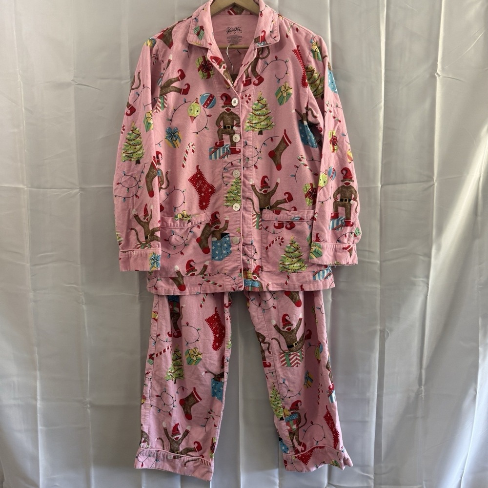 Nick Nora Pajamas Womens Christmas Sock Monkey Flannel Pink Holiday Cozy‎ Pjs S